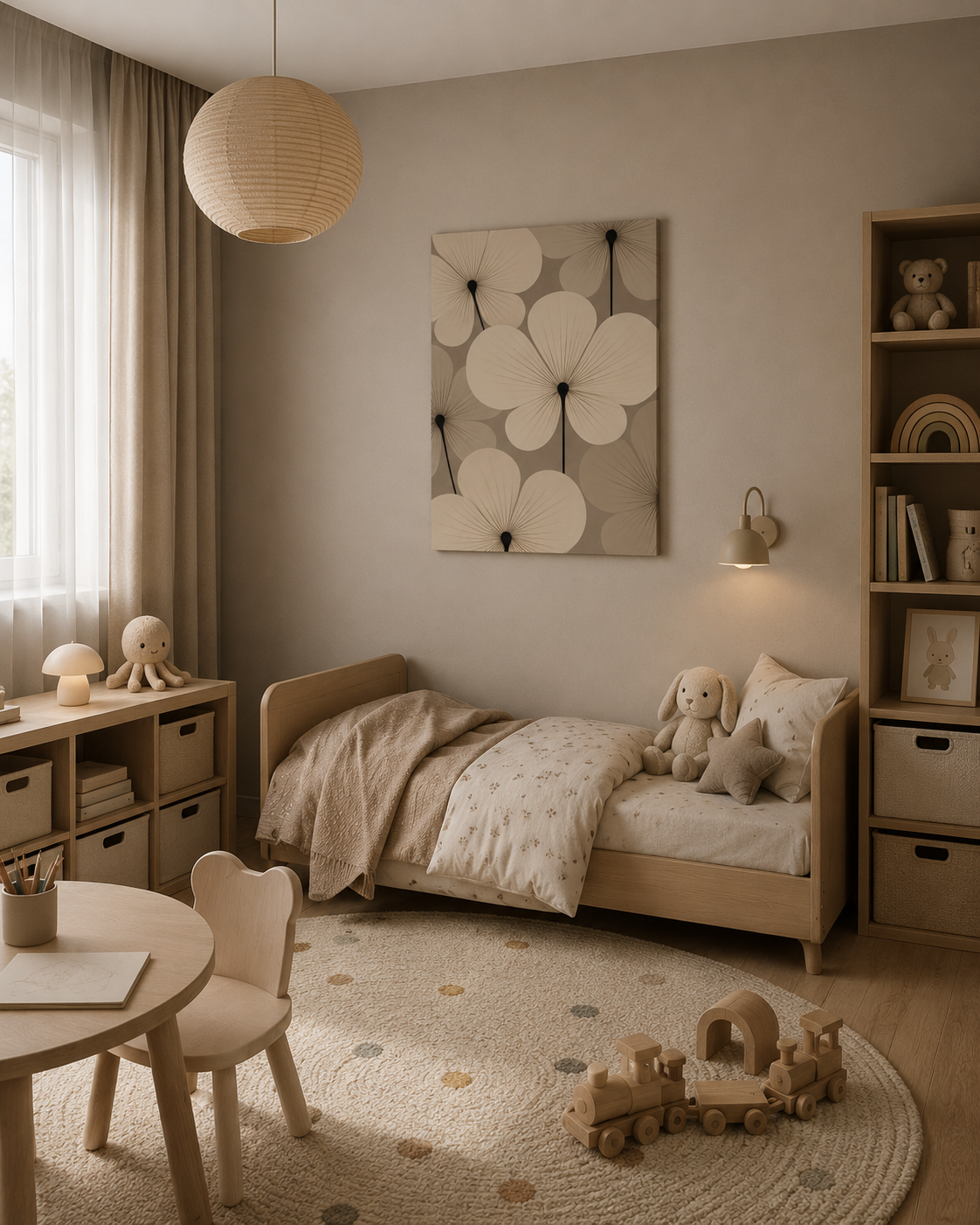 Minimalist kids bedroom with neutral floral canvas wall art, wooden furniture and soft decor.