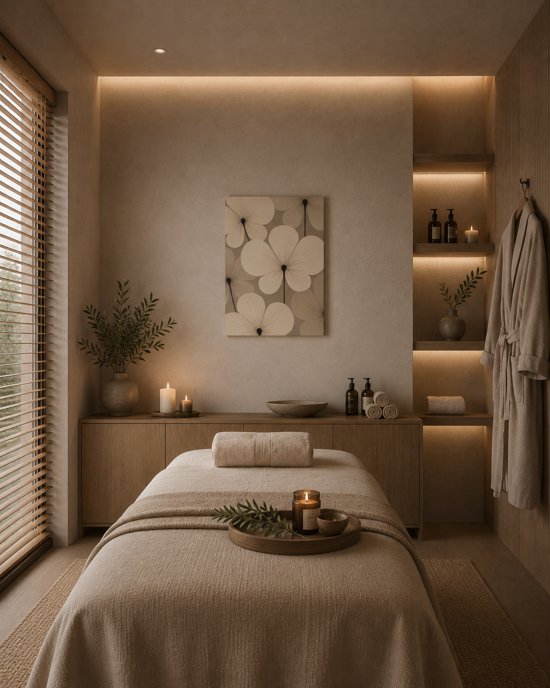 Luxury spa interior with neutral floral canvas wall art, warm lighting and natural textures.