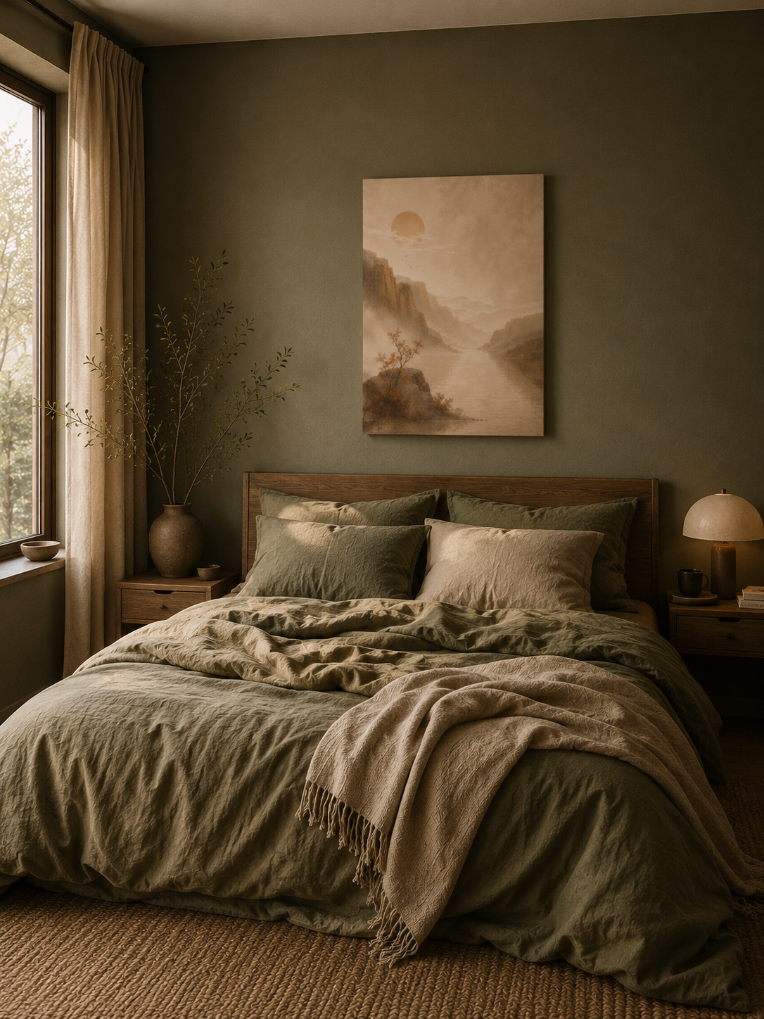 Minimalist landscape canvas hanging above a cozy bed in an olive-toned bedroom.