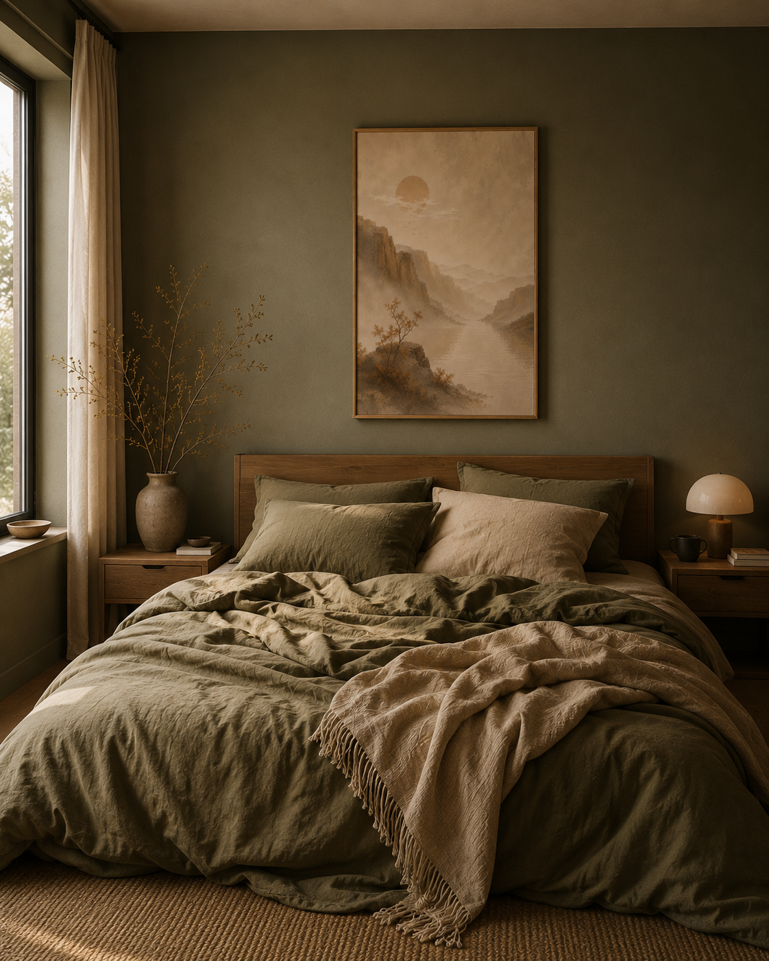 Japanese-inspired wall art centered above a cozy bed with olive green walls and relaxed bedding.