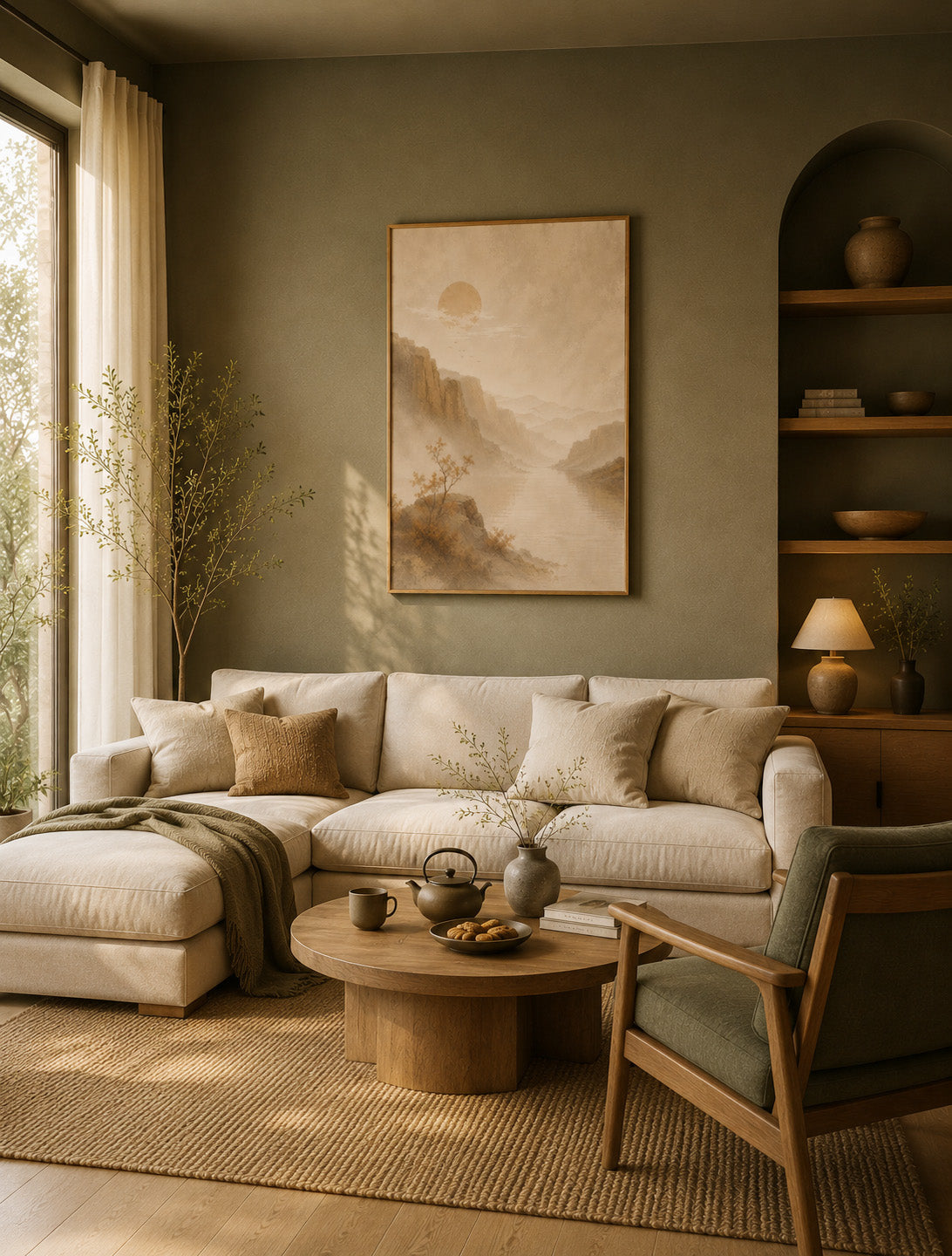 Minimalist Japanese landscape print displayed above a beige sofa in a warm olive green living room.