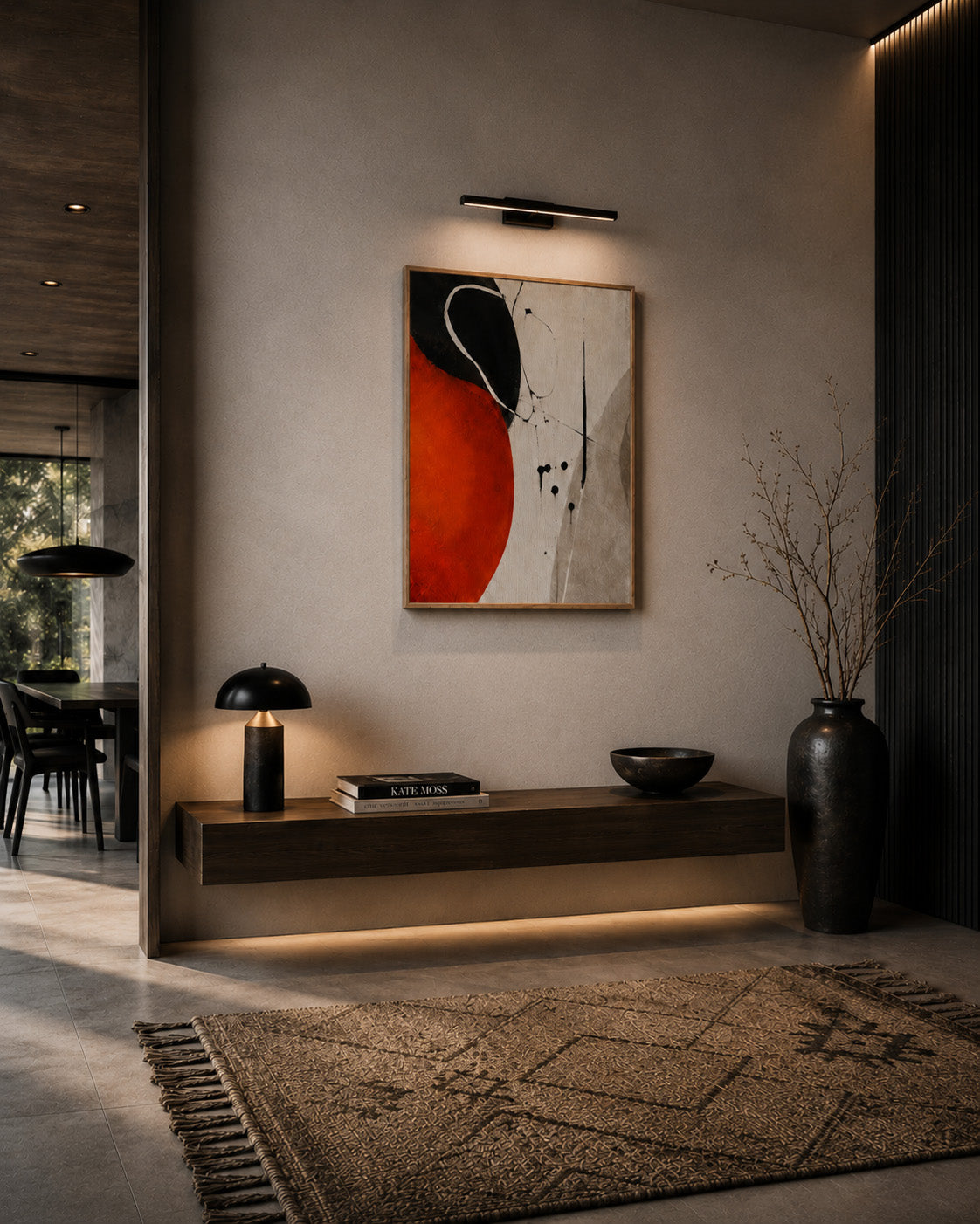 Orange and black abstract framed canvas wall art in a modern luxury entryway