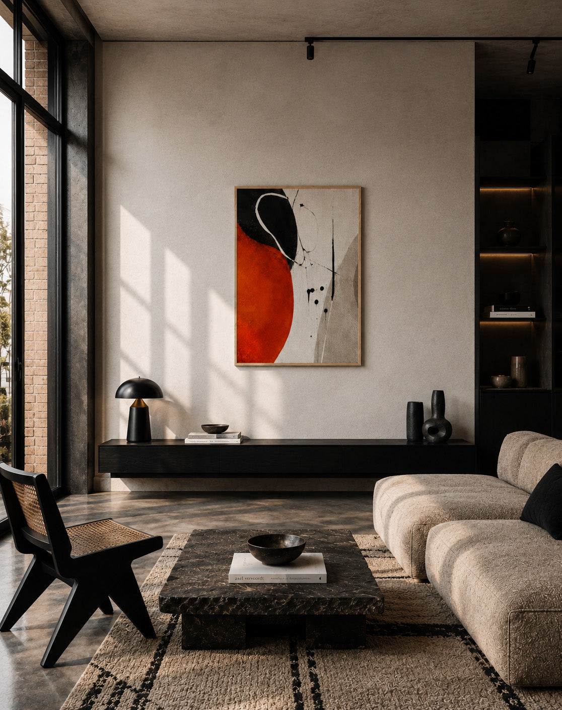 Orange and black abstract framed canvas wall art in a modern minimalist living room