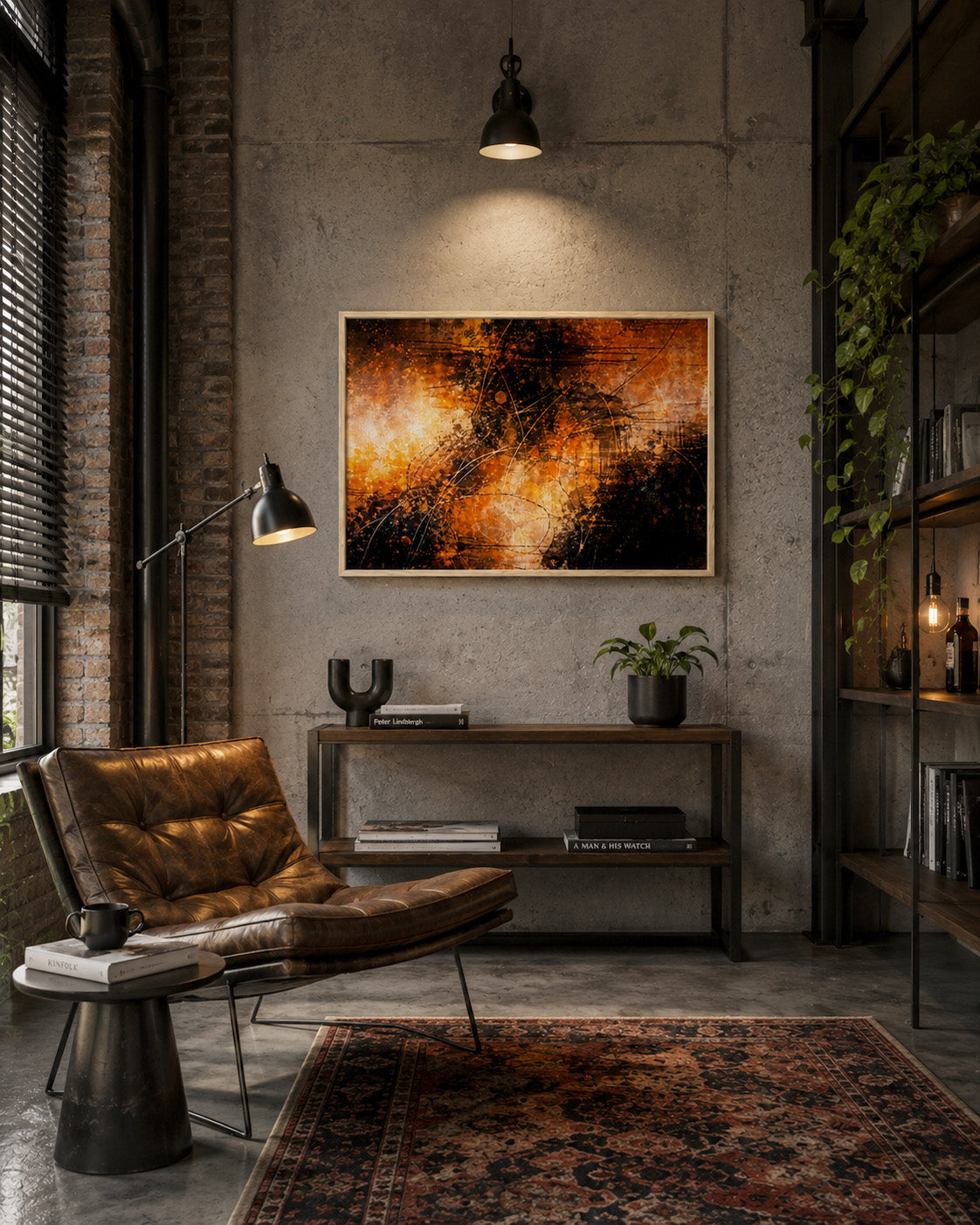 Orange and black abstract framed canvas displayed in a modern industrial living room