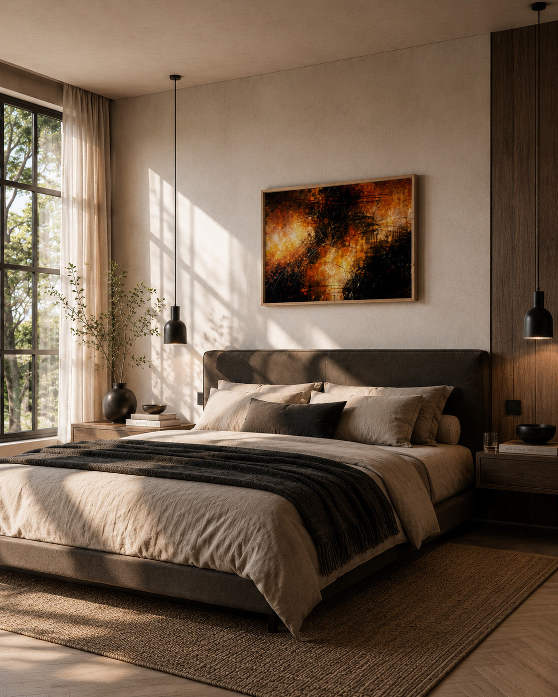 Orange and black abstract framed canvas above bed in a warm modern bedroom