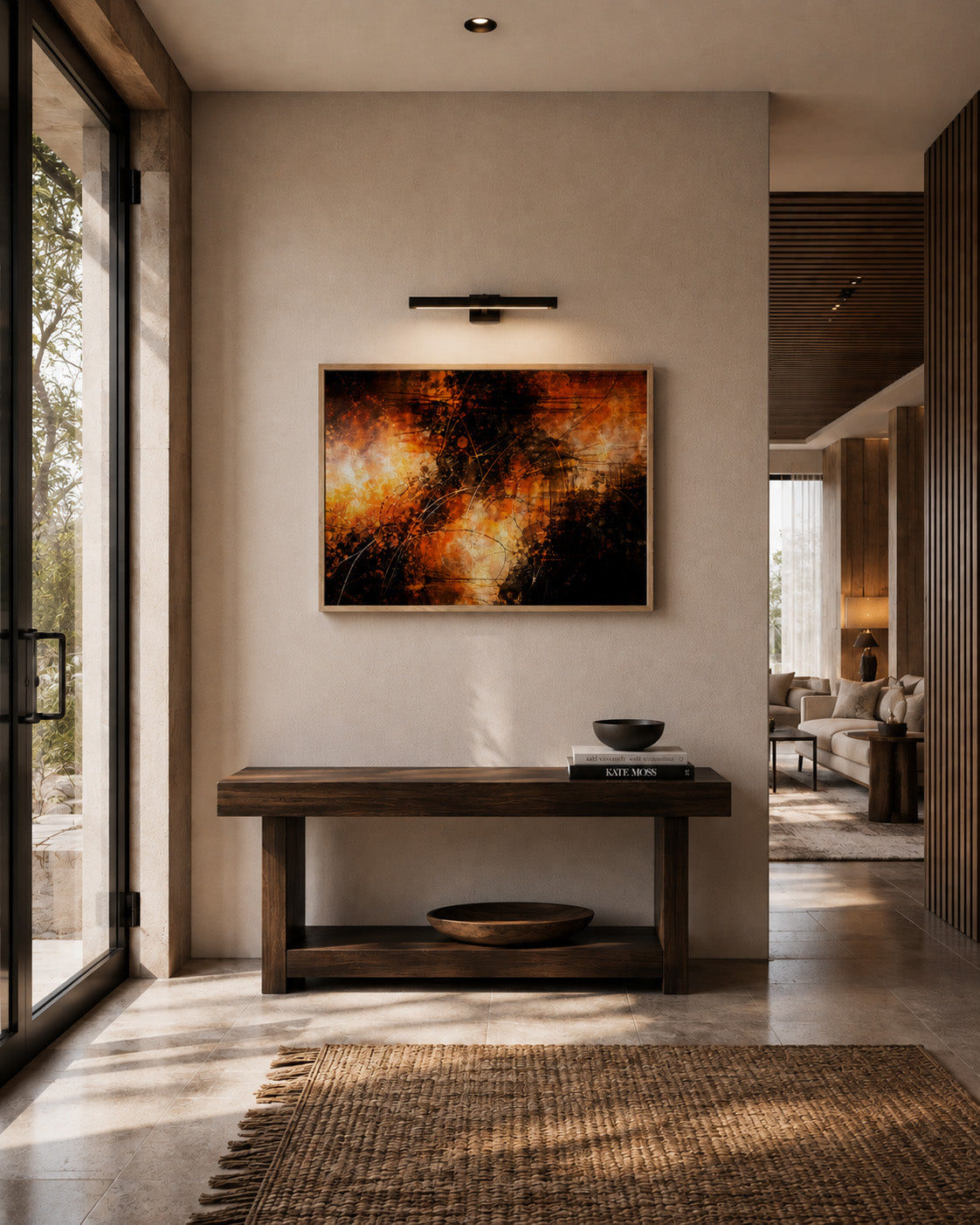 Orange and black abstract framed canvas wall art in a modern luxury entryway