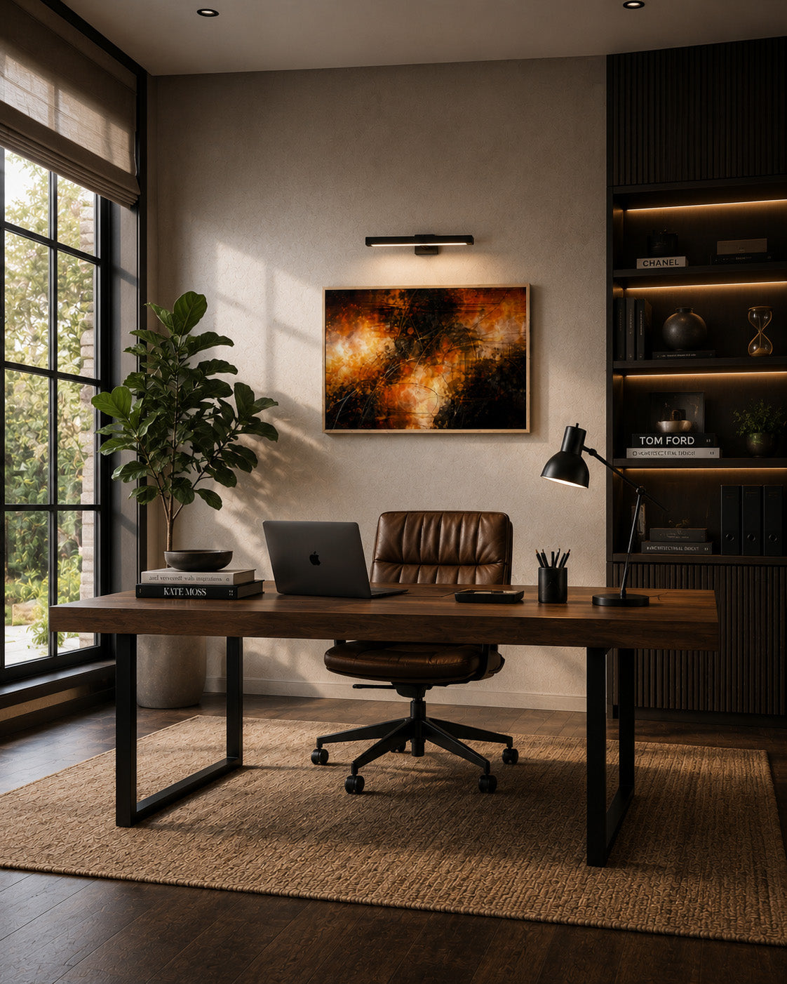 Orange and black abstract framed canvas displayed in a modern home office