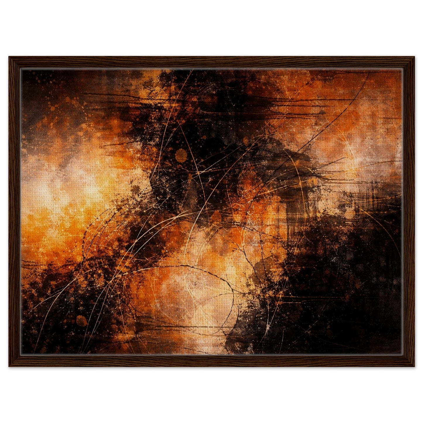 Orange and black abstract canvas wall art in a dark brown wood frame