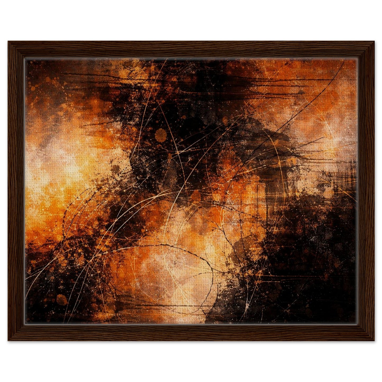 Bold orange and black abstract canvas wall art in a dark frame