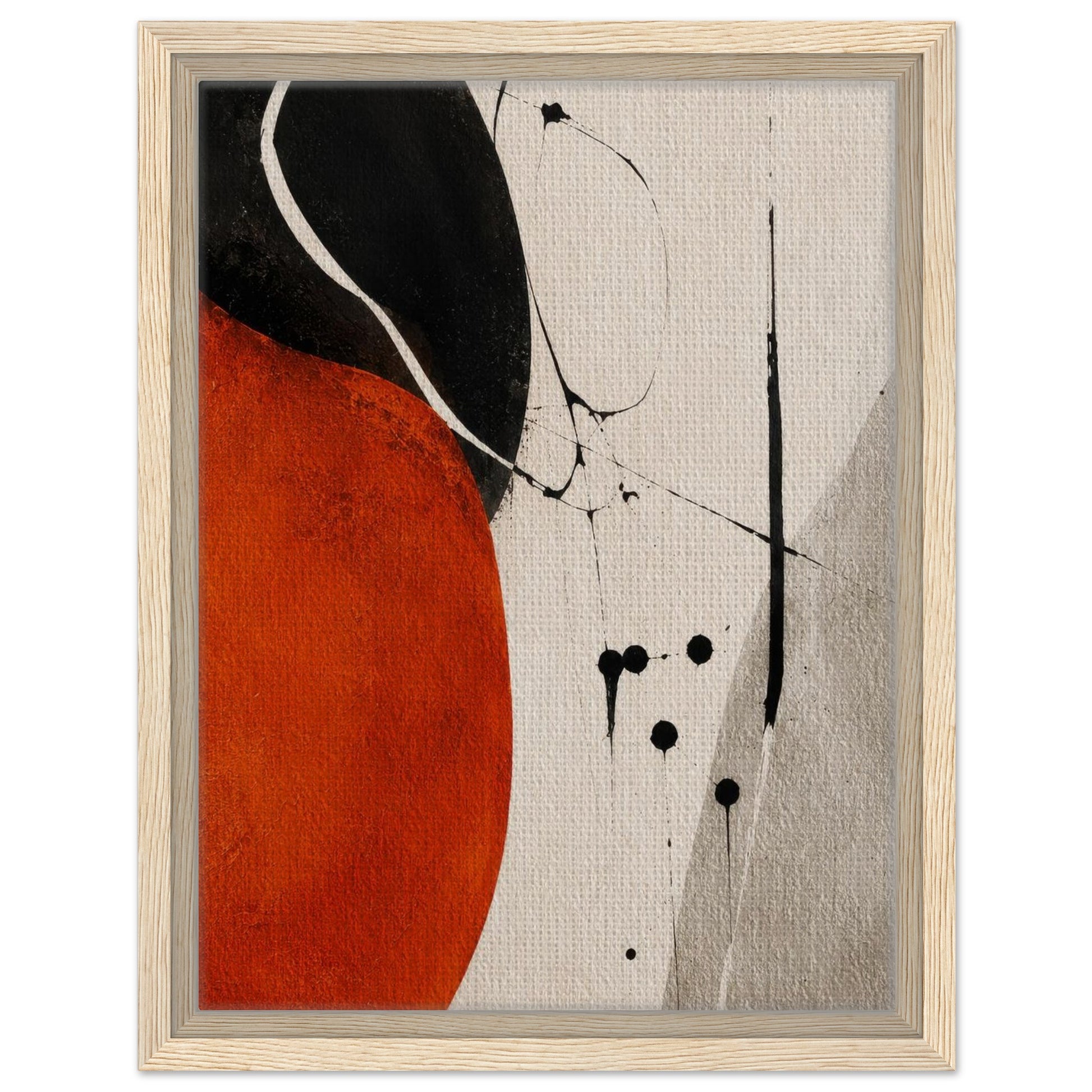 Orange and black abstract canvas print in a light natural wood frame