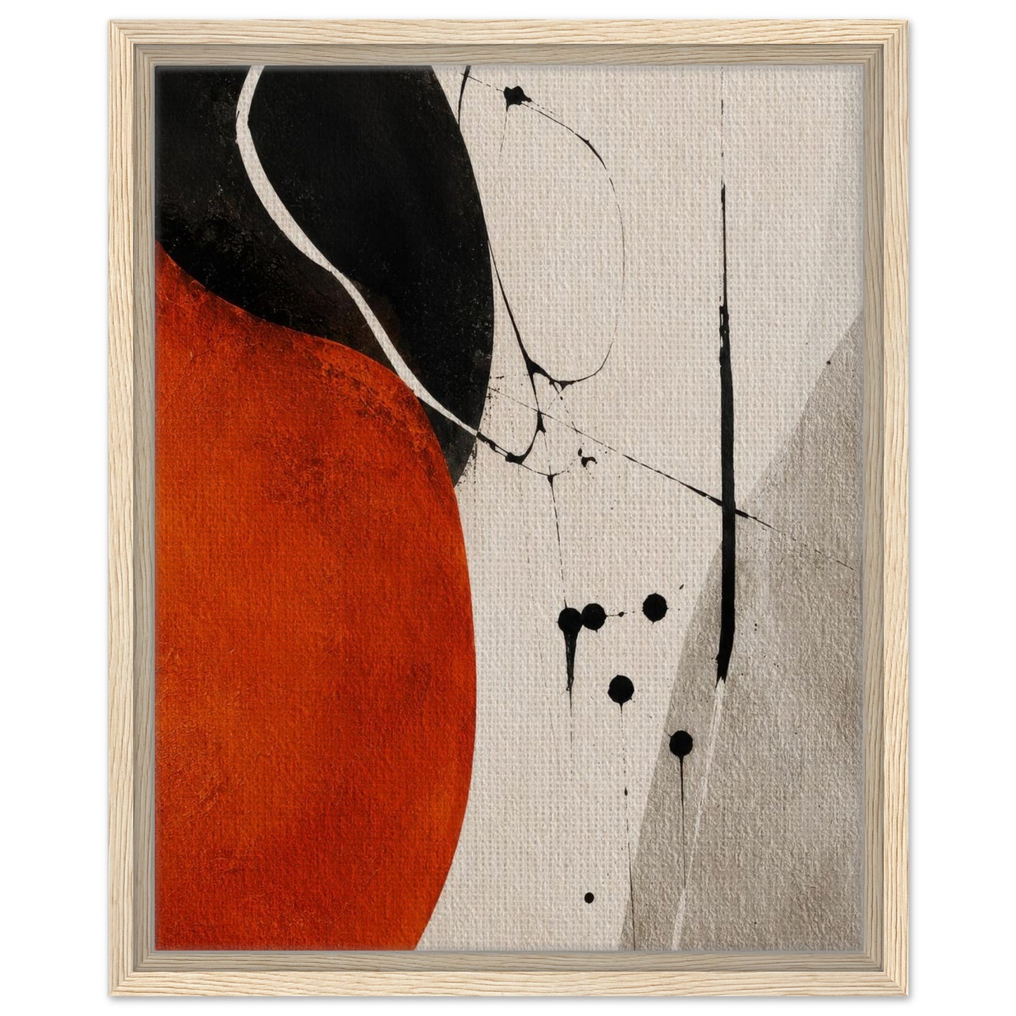 Orange and black abstract canvas wall art in a natural wood frame