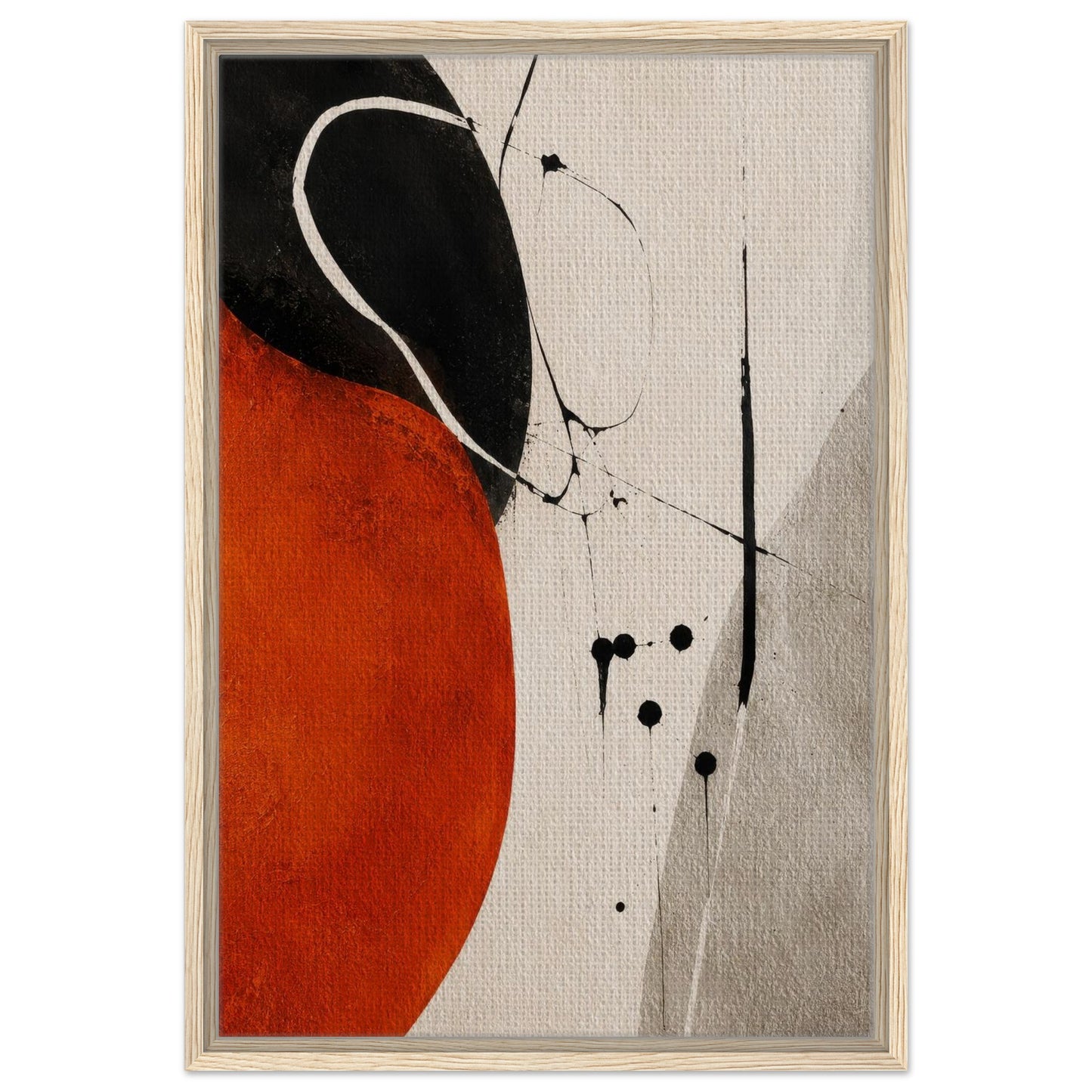 Orange and black abstract canvas wall art in a natural oak frame