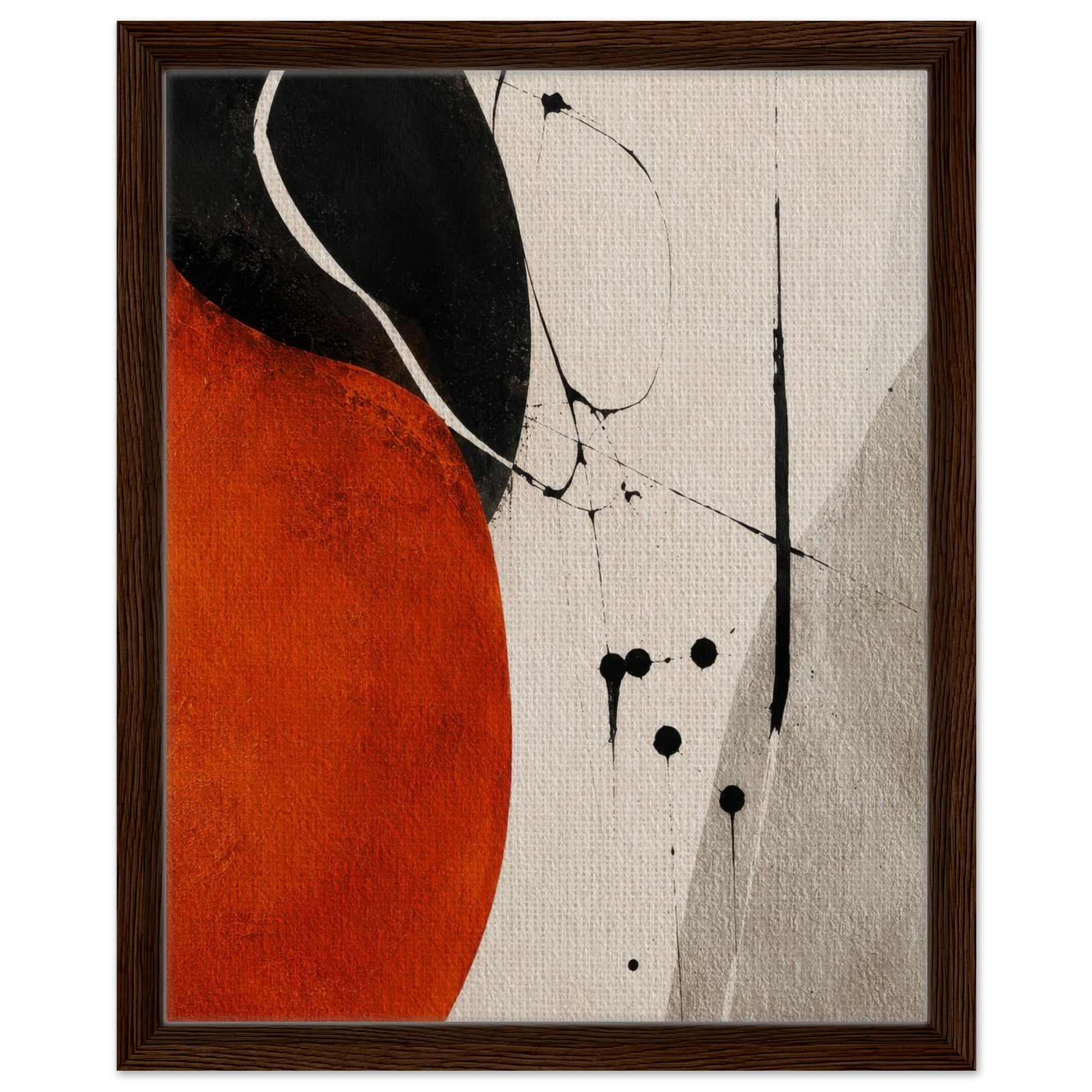 Orange, black and neutral abstract canvas wall art in a walnut wood frame