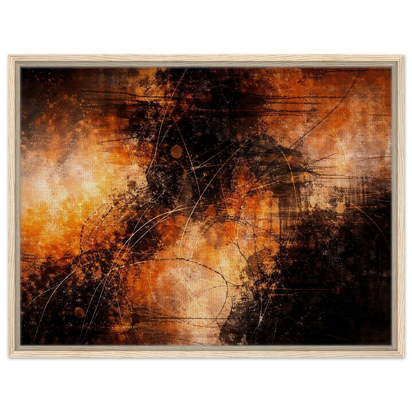 Orange and black abstract framed canvas wall art with textured expressive details
