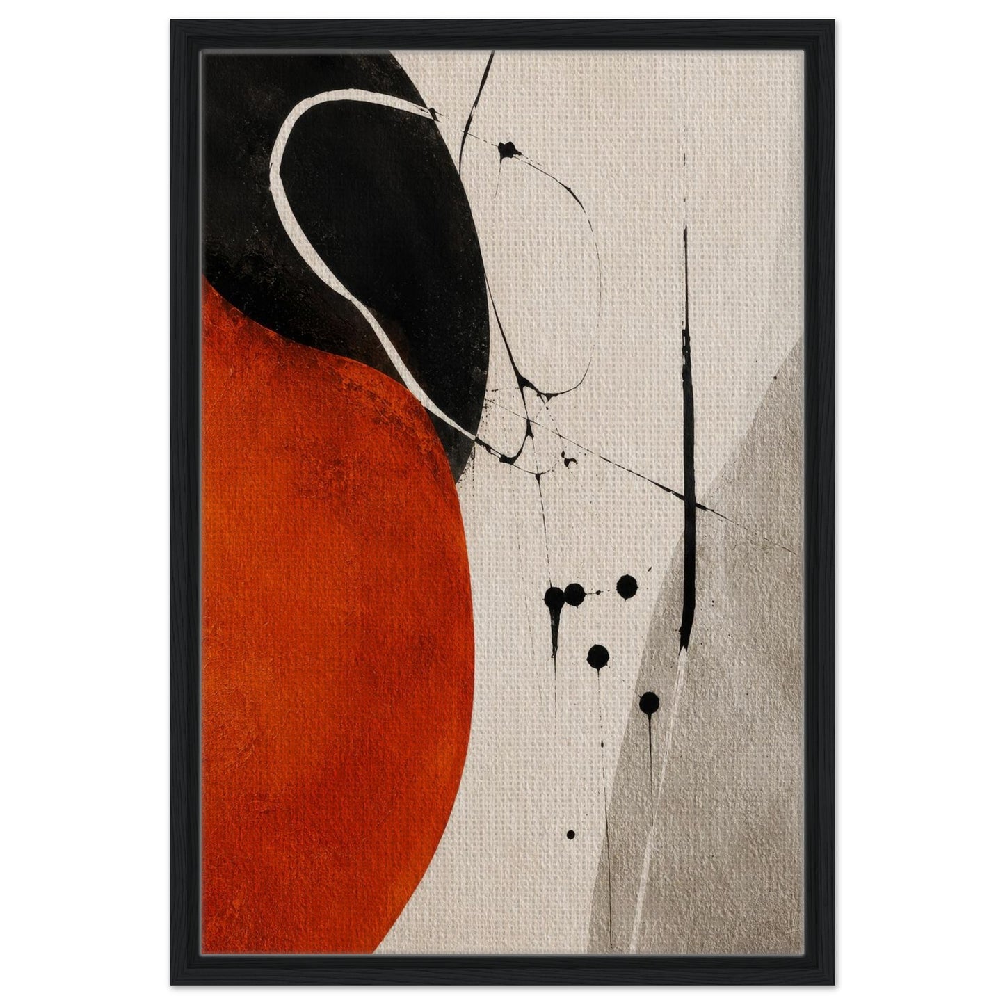 Modern orange and black abstract wall art in a black frame