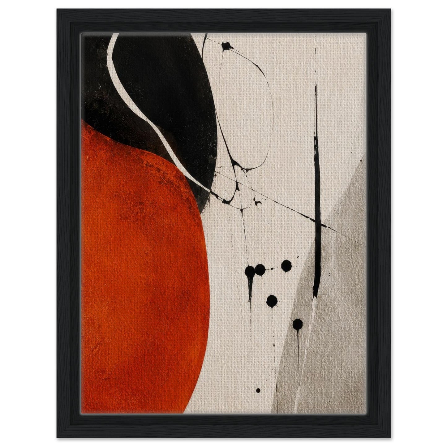 Orange and black abstract wall art with neutral beige details in a dark frame
