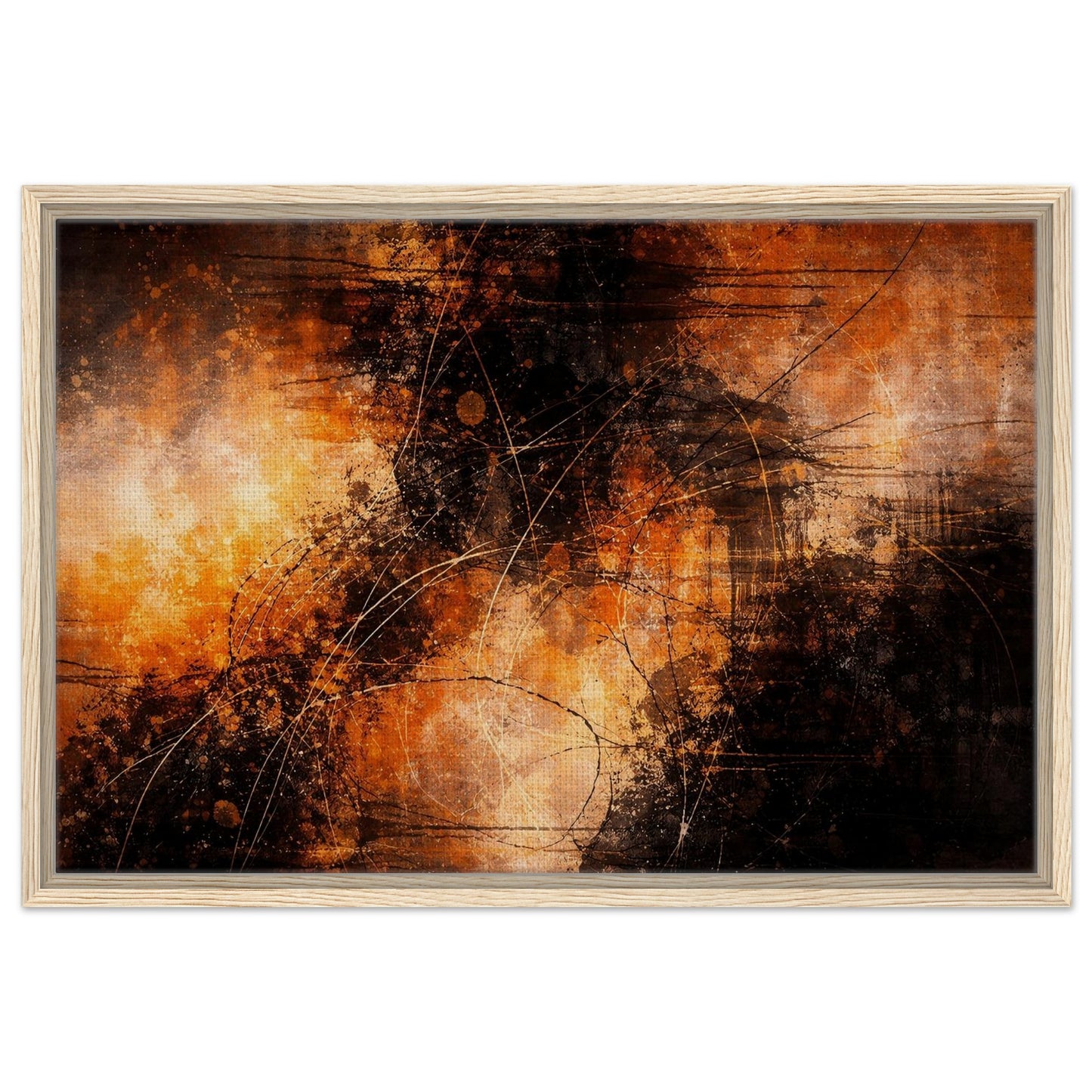 Textured orange and black abstract wall art in a light natural wood frame