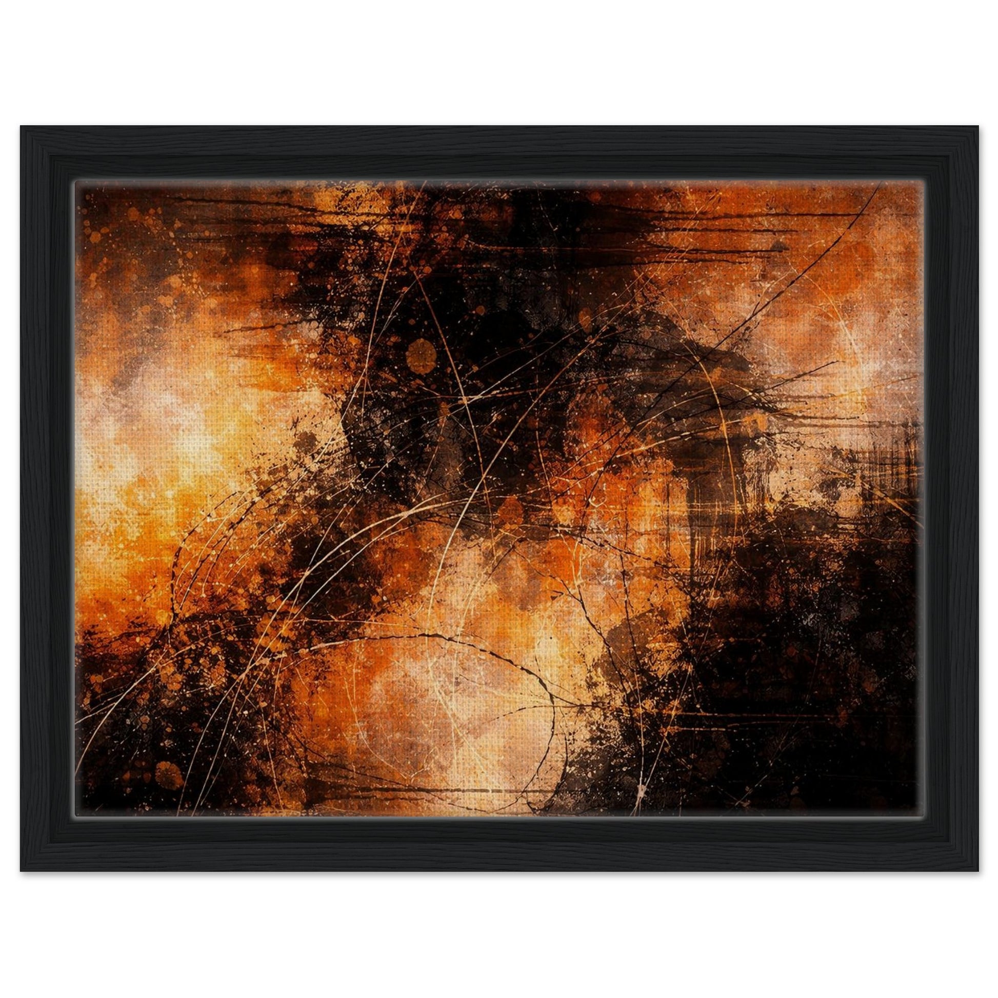 Orange, black and brown abstract wall art in a walnut wood frame