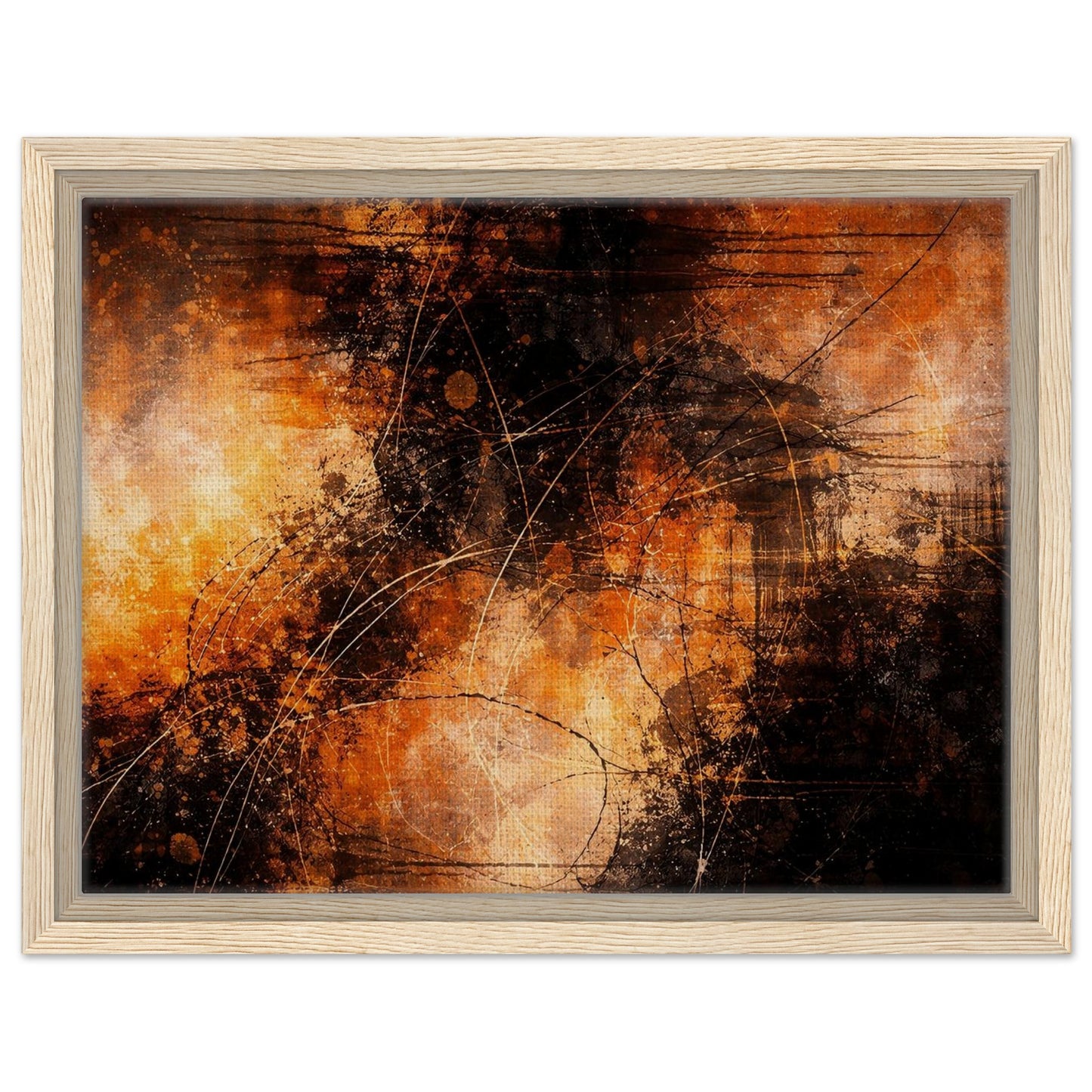 Modern orange and black abstract canvas wall art in a charcoal black frame