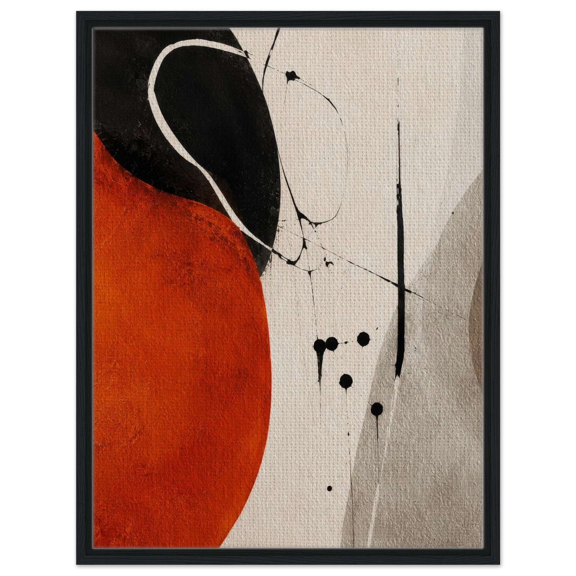 Modern orange and black abstract wall art in a slim black frame