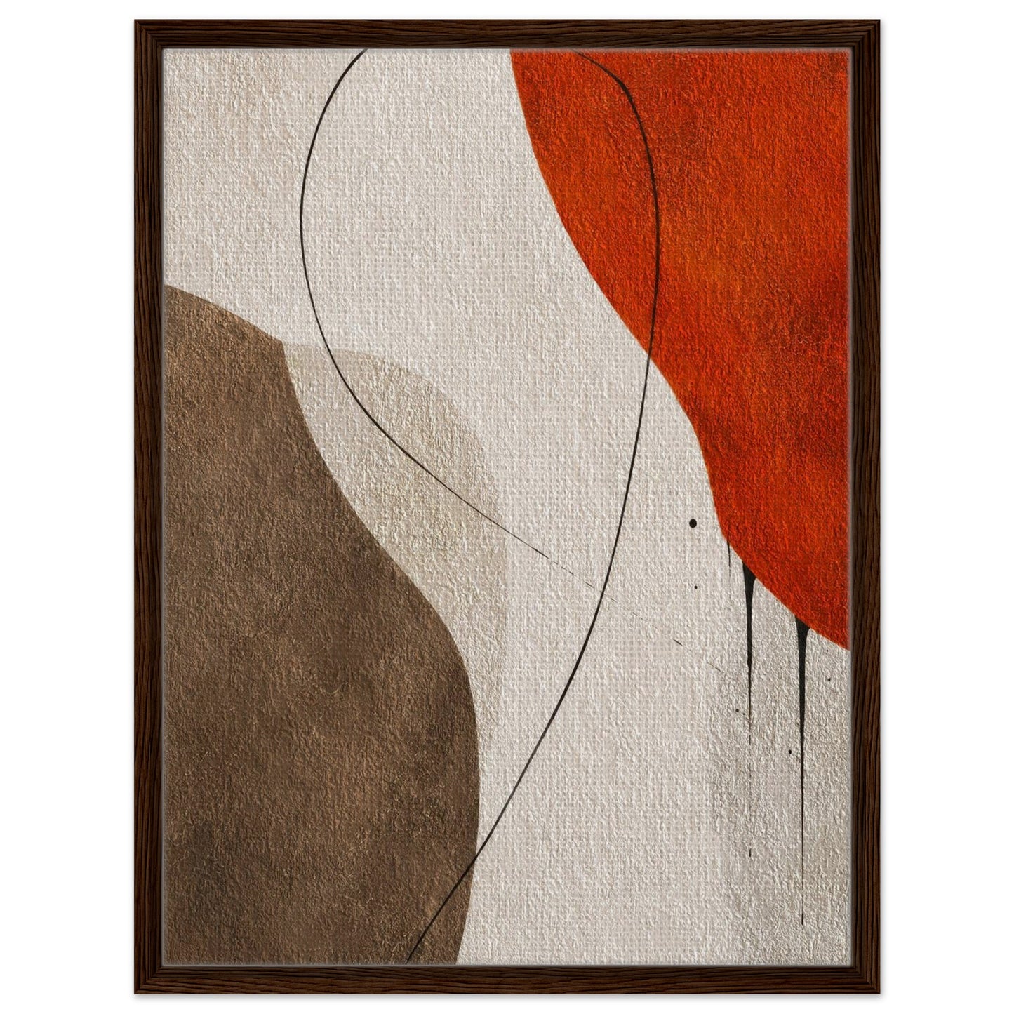 Orange and brown abstract canvas art in a natural wood frame