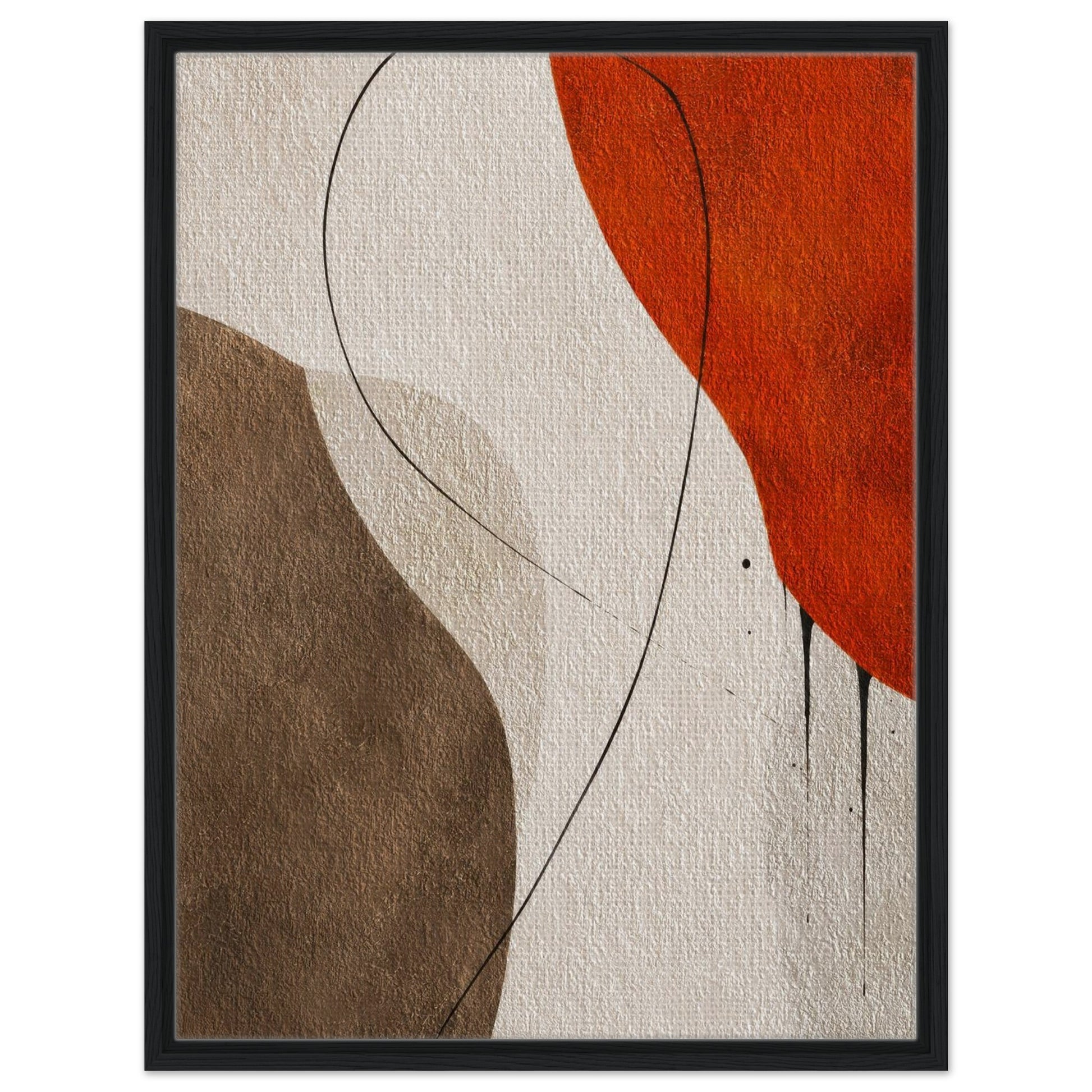 Orange brown and beige abstract canvas artwork with dark wood frame