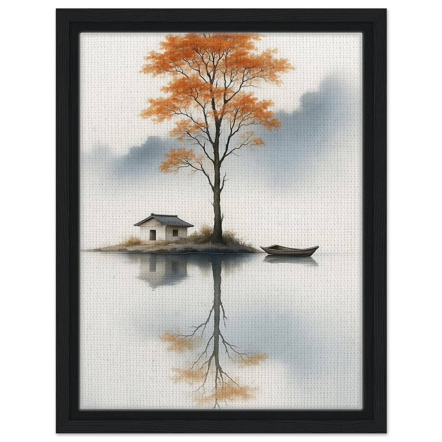 Orange tree landscape with small lakeside house and boat in dark wood frame