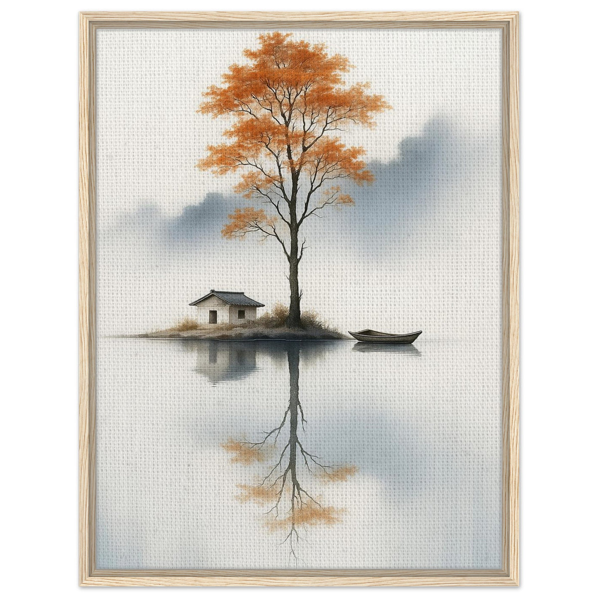 Orange tree landscape with a small house and boat reflected in calm misty water