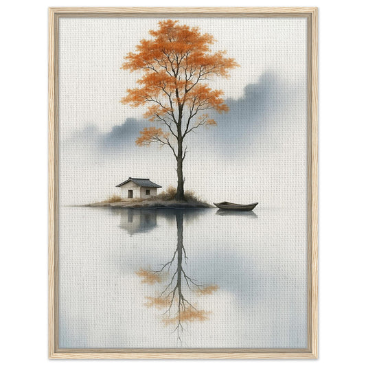 Orange tree landscape with a small house and boat reflected in calm misty water