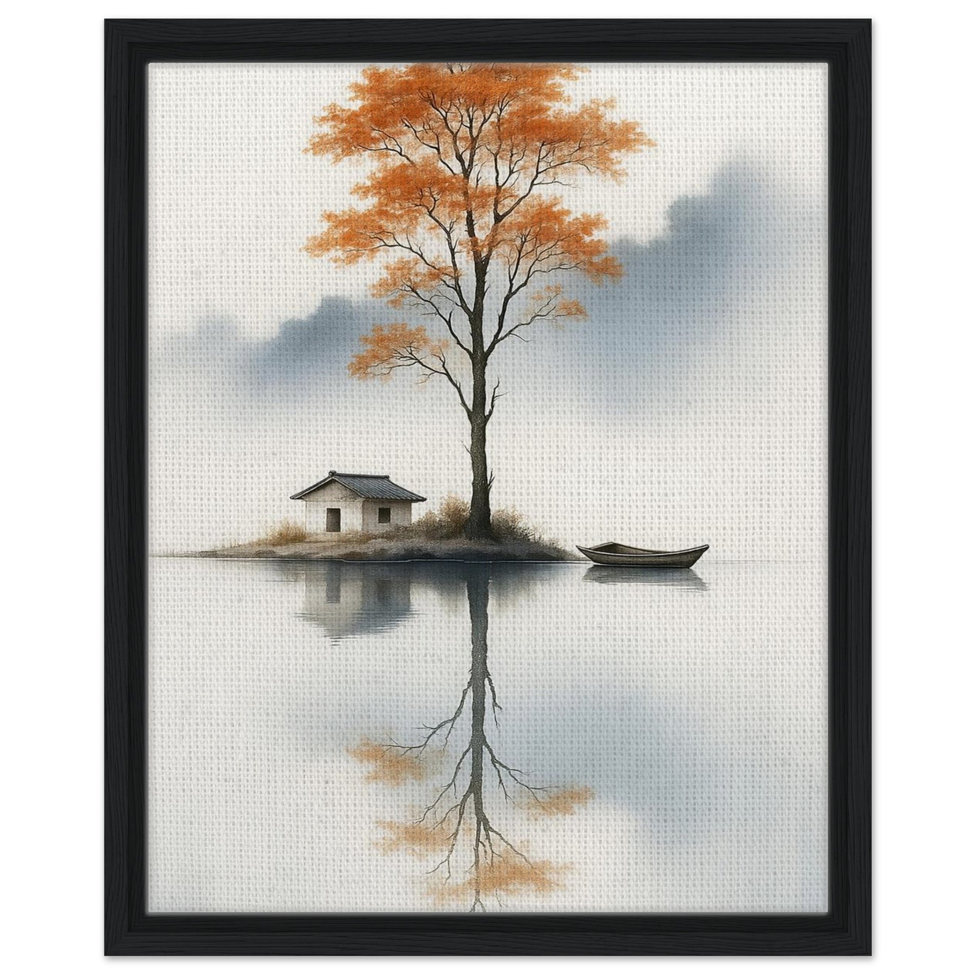 Orange tree reflected in calm water with misty mountains in natural wood frame