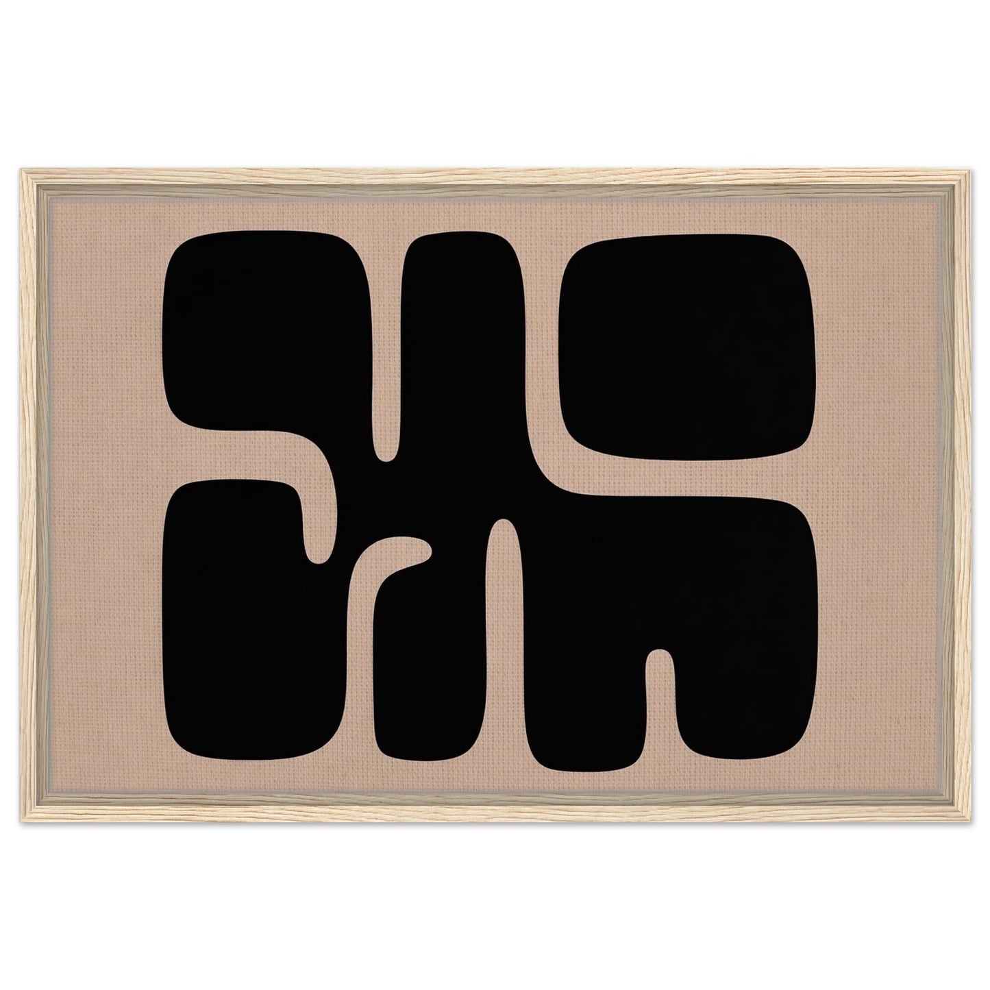 Minimalist black and beige organic abstract wall art with light wood frame