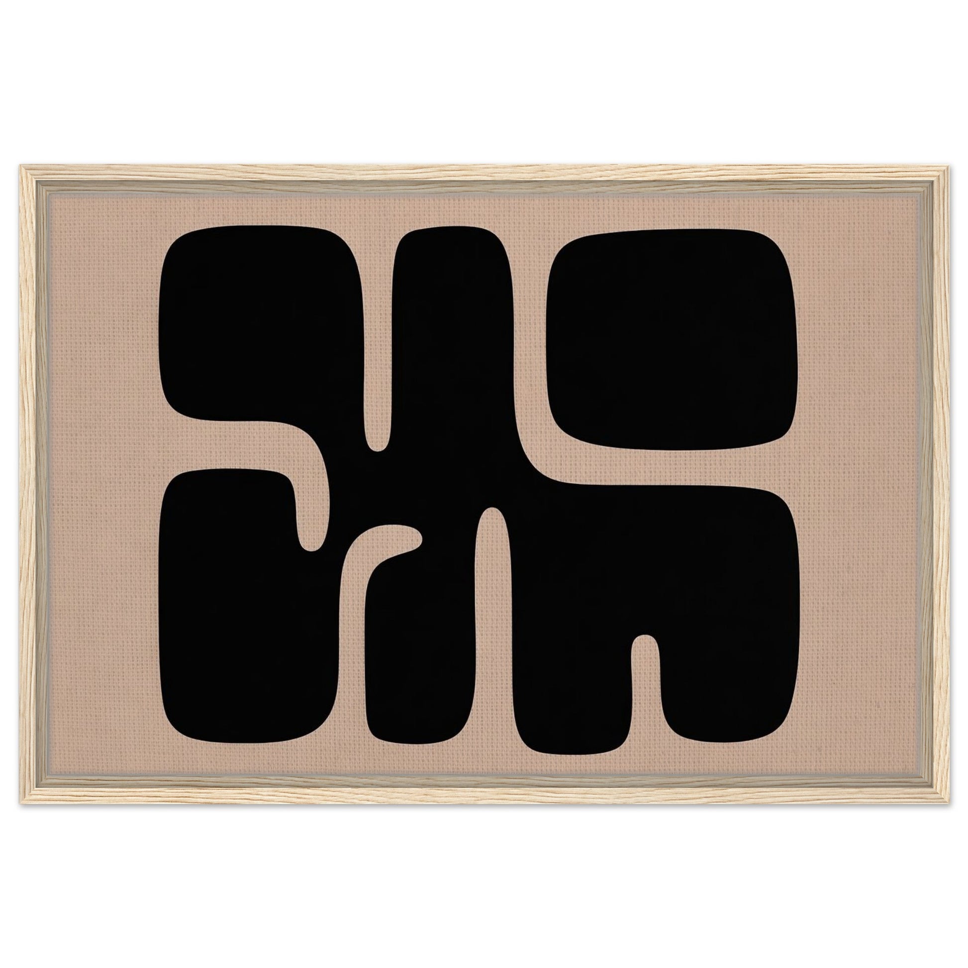 Minimalist black and beige organic abstract wall art with light wood frame
