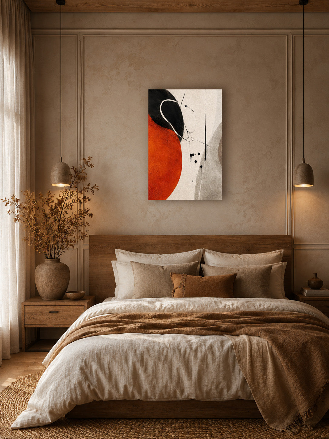 Organic Contrast abstract art poster above a bed in a cozy modern bedroom