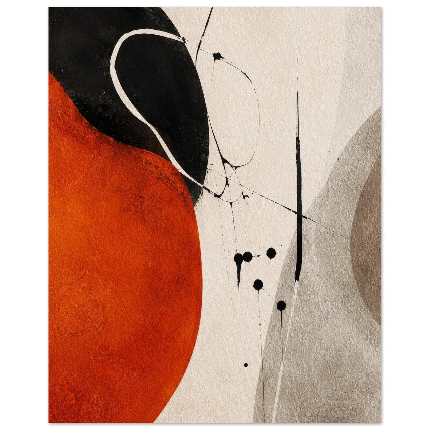 Detail of the matte paper surface showing the textured orange and black shapes