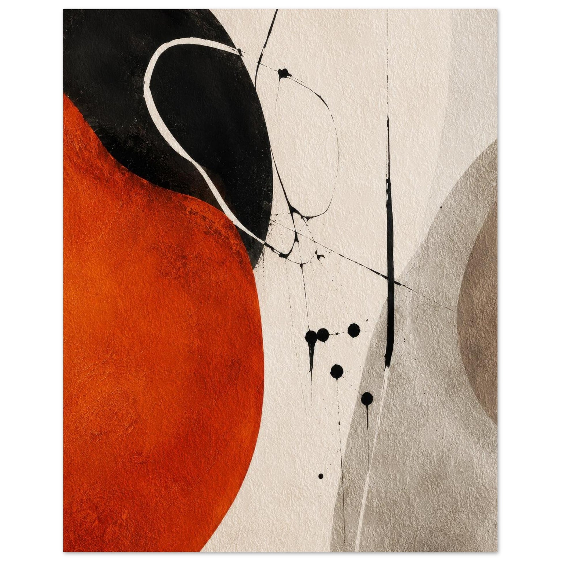 Detail of the matte paper surface showing the textured orange and black shapes