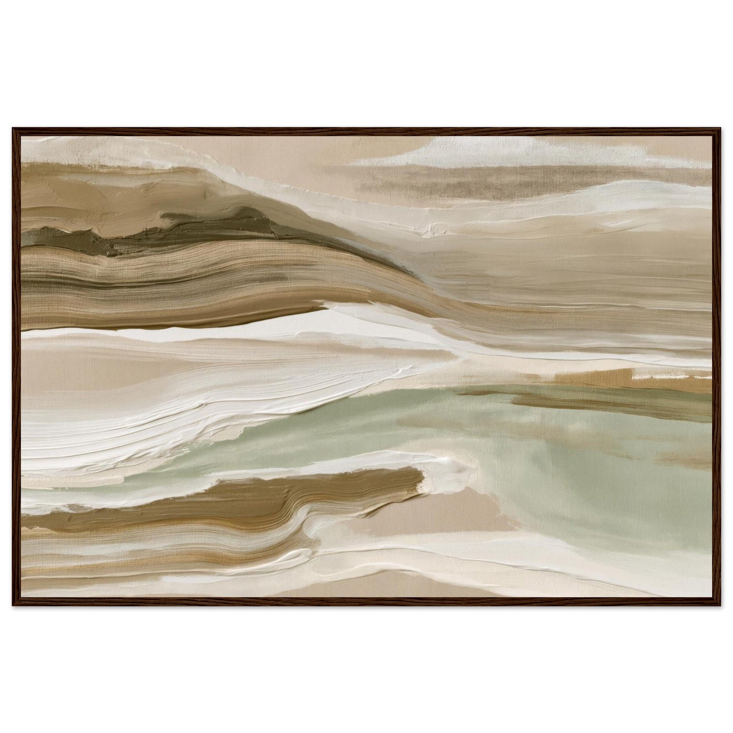 Organic abstract landscape wall art displayed in a slim brown frame.