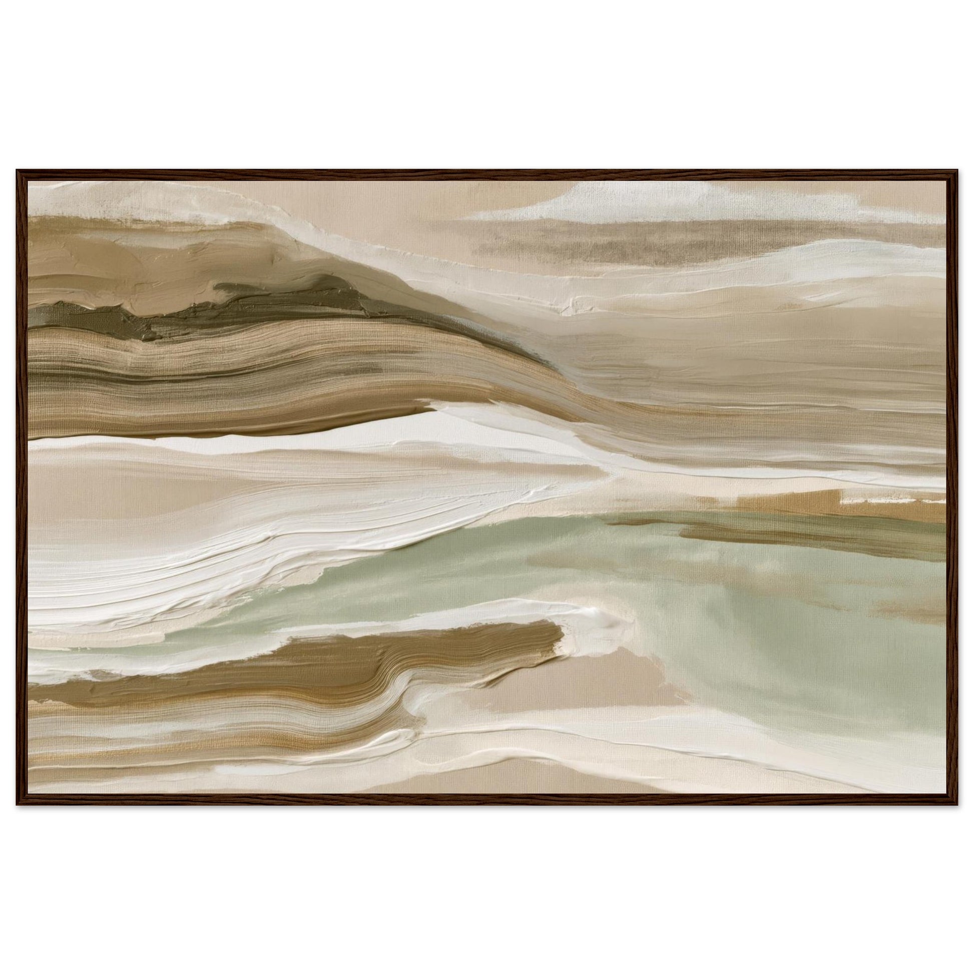 Organic abstract landscape wall art displayed in a slim brown frame.