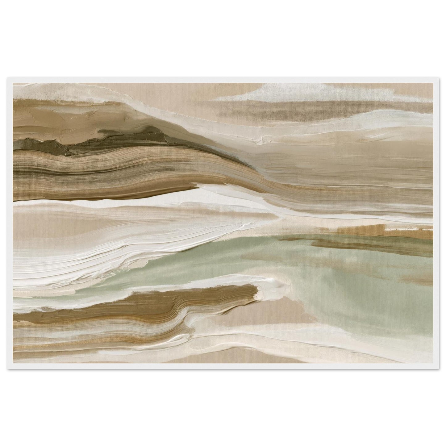 Close-up of organic abstract wall art featuring layered neutral tones and textured brushstrokes.