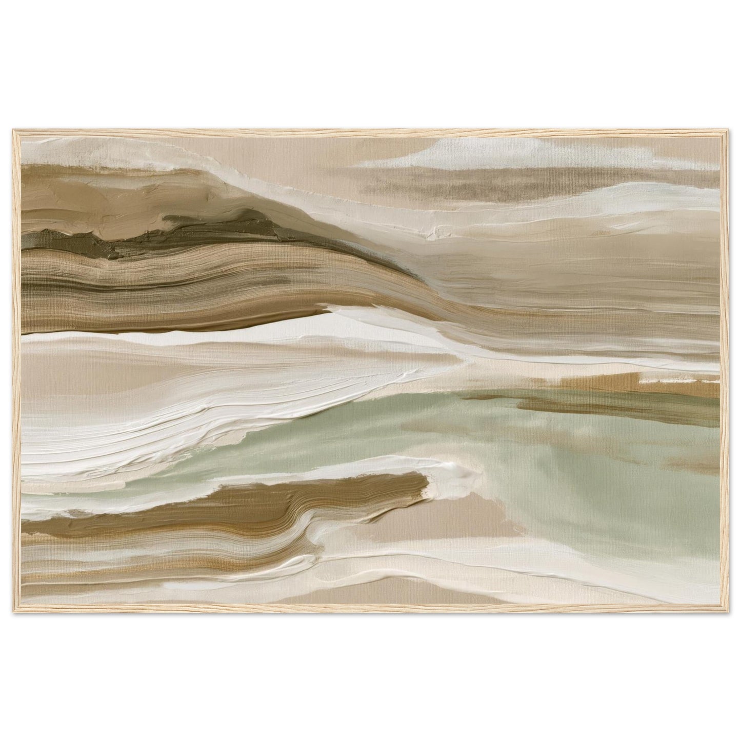Organic earth tone abstract wall art in a natural wood frame with soft beige, taupe and sage green textures.