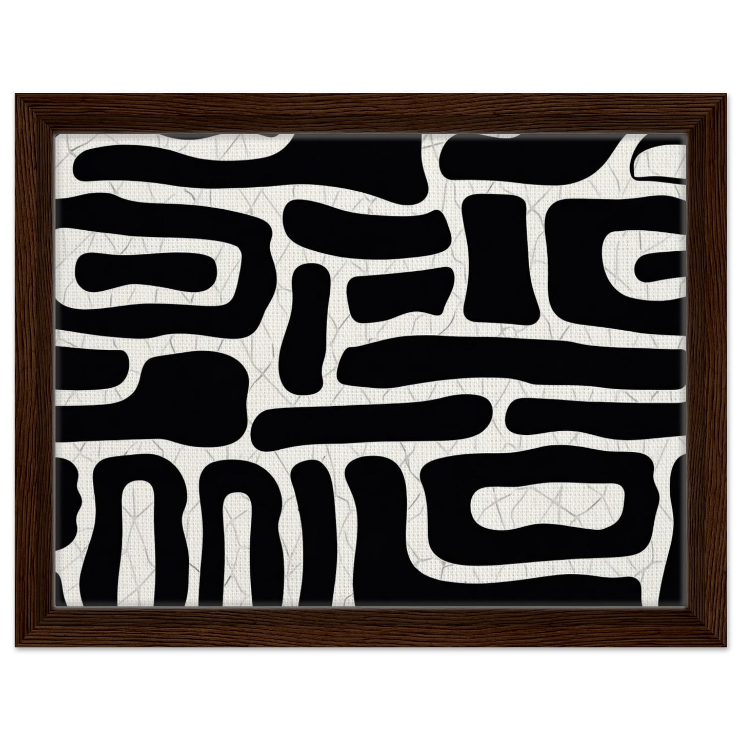 Organic geometric black and white artwork presented in a dark wood frame