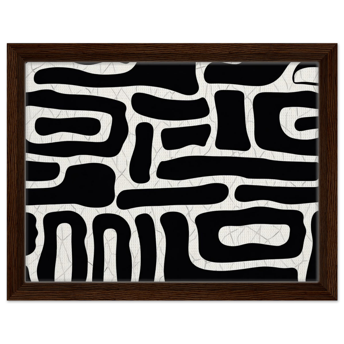 Organic geometric black and white artwork presented in a dark wood frame