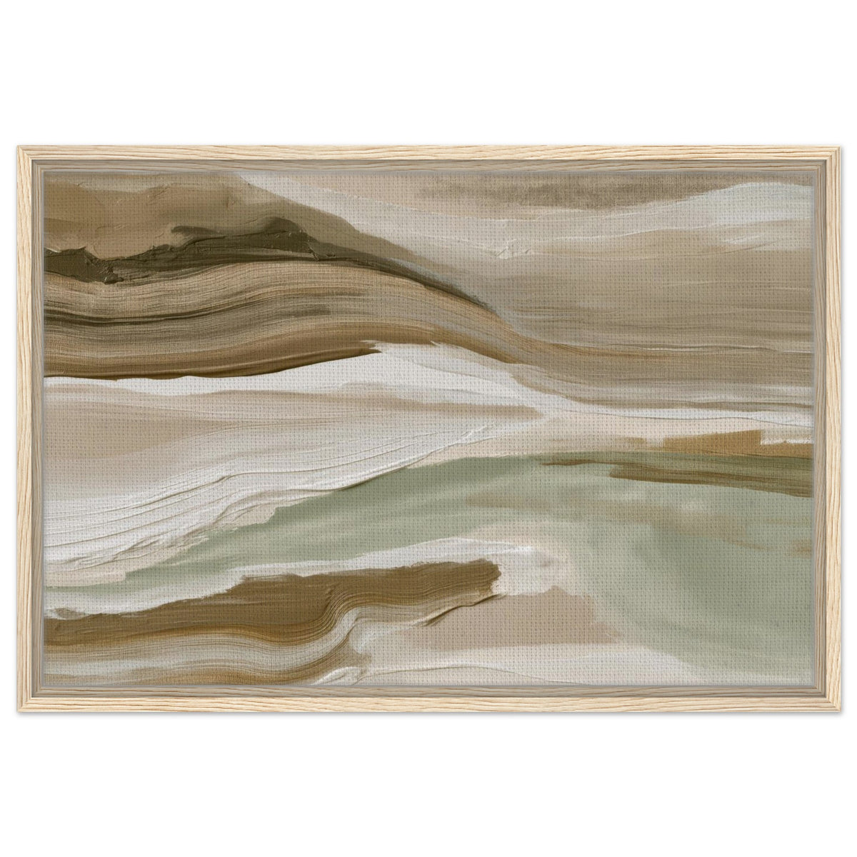 Organic landscape artwork in muted green cream and brown with light wood frame