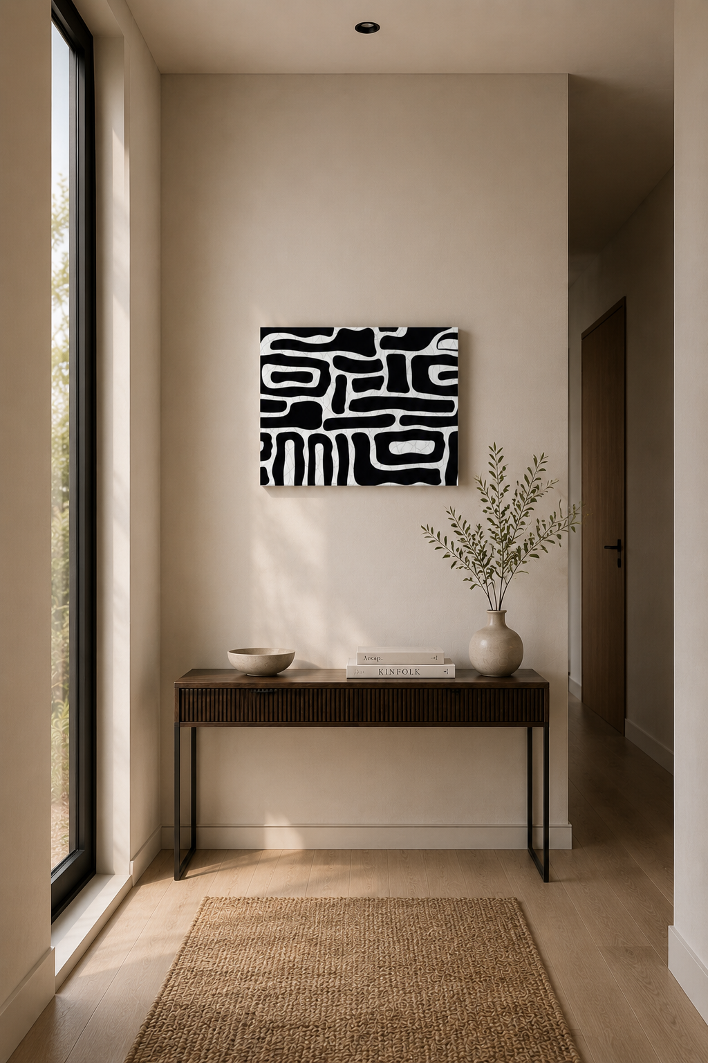 Black and white abstract canvas wall art above a minimalist console table in a bright entryway with natural light