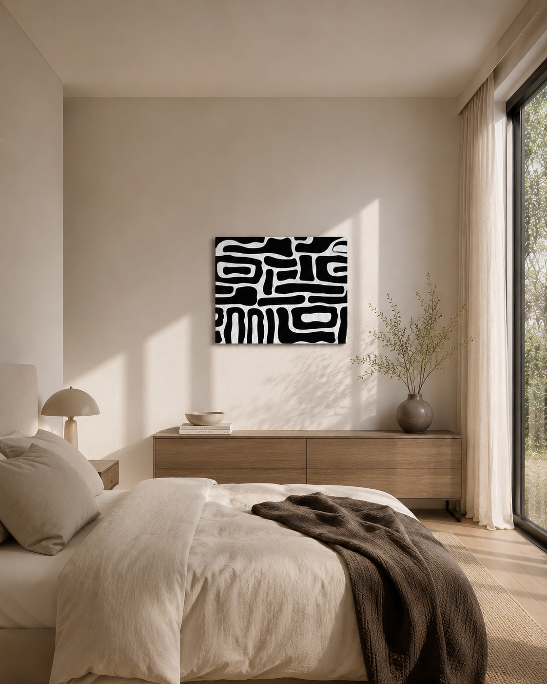 Black and white abstract canvas wall art above a cozy modern bed with warm neutral tones