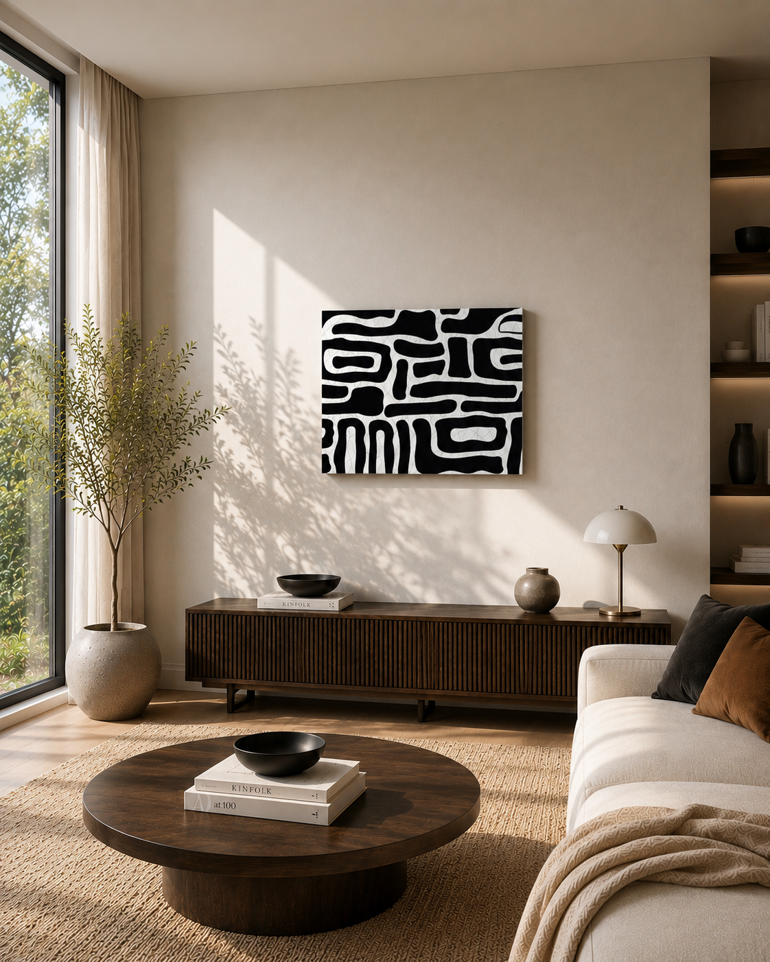 Black and white abstract canvas wall art in a bright modern living room with natural daylight and neutral decor