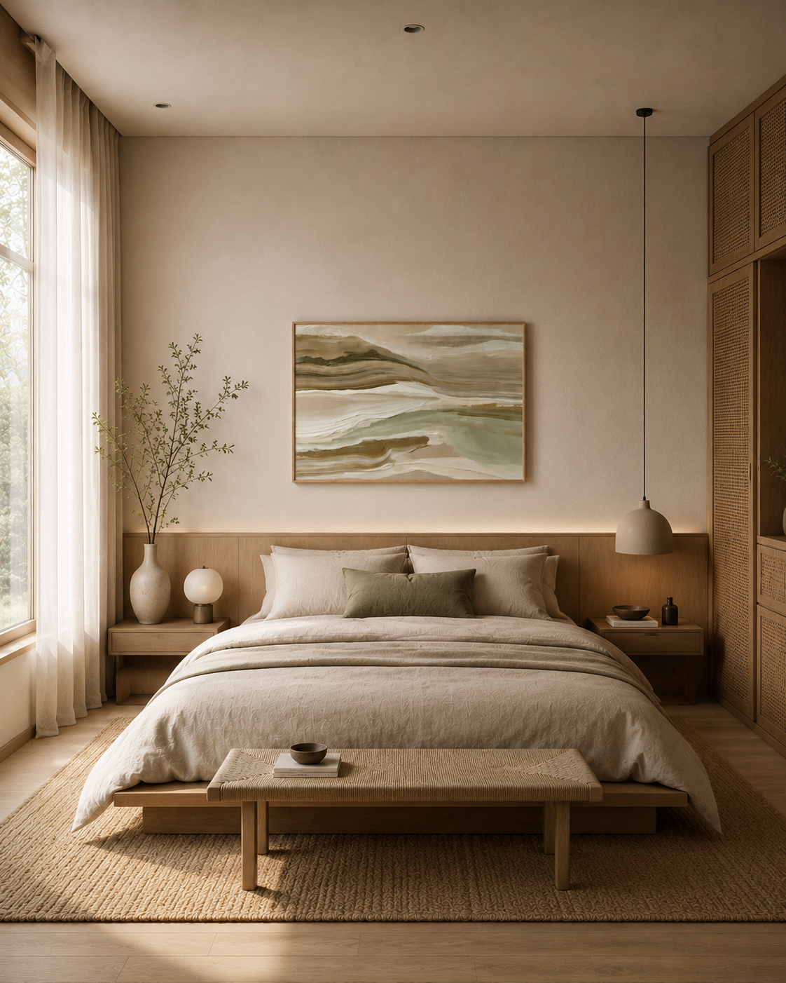 Neutral abstract wall art above a bed in a calm Japandi bedroom with natural light.