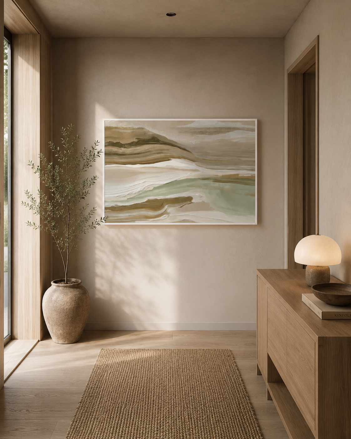 Organic abstract wall art displayed in a minimalist Japandi hallway with warm wood furniture.