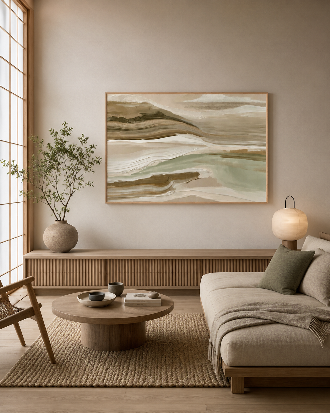 Organic abstract wall art styled in a minimalist Japandi living room with warm neutral decor.