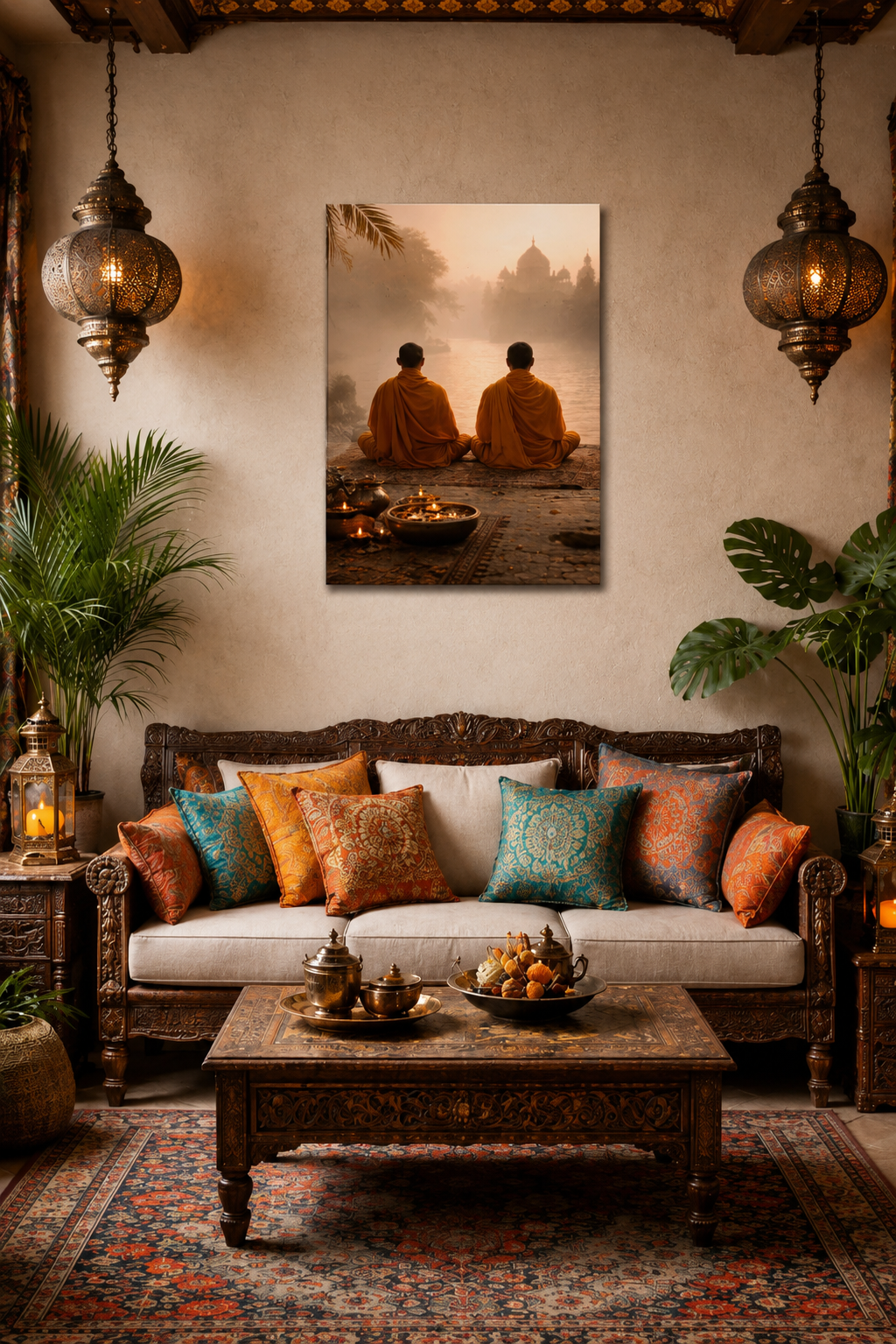 Warm oriental style lounge with lanterns and monks canvas wall decor
