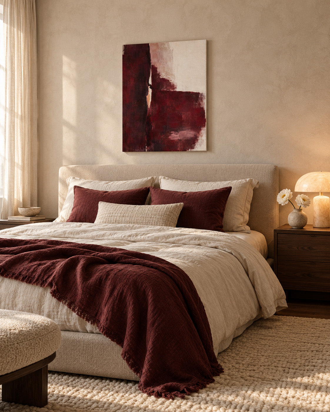 Oxblood Poise burgundy abstract canvas above a bed with cream bedding and burgundy accents